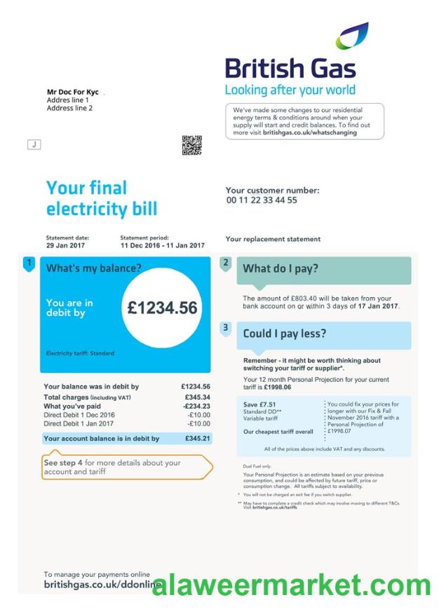 United Kingdom British Gas bill template PSD